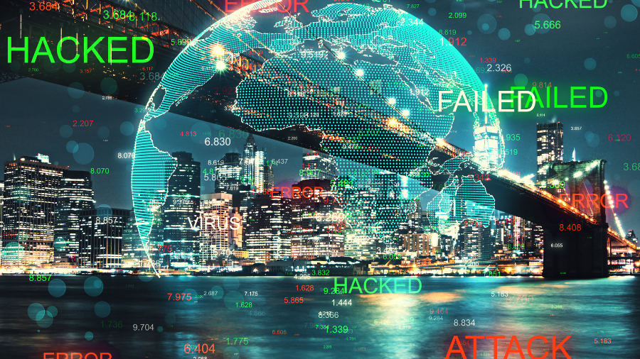 A digital illustration of a cityscape at night with a globe overlay and various cybersecurity-related terms like 