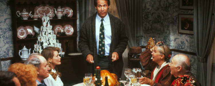 Chevy Chase prepares to carve the turkey at a National Lampoons Christmas dinner. The annual feast can be a minefield of awkward questions.