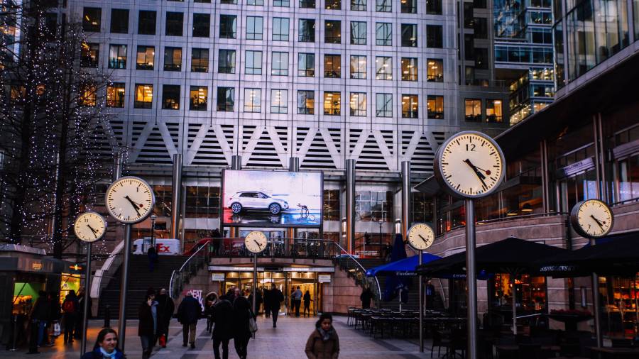 A city plaza with multiple clocks displaying the same time, surrounded by tall buildings and working-class people walking. A large digital advertisement shows a car.