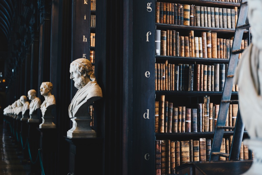A dimly lit library with tall bookshelves filled with books labeled with letters. A row of marble busts lines the corridor, creating a solemn atmosphere perfect for delving into the intricacies of employment law.