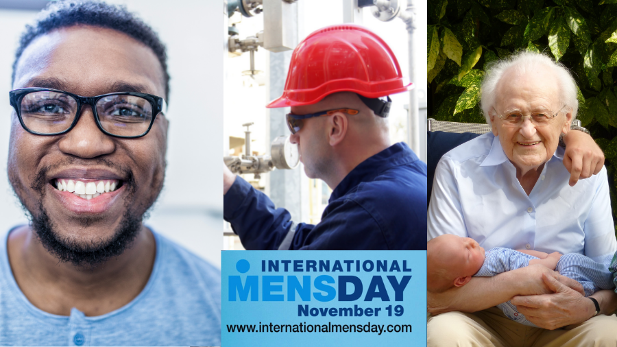 Collage of three images: a smiling man with glasses, a man in a red hard hat working, and an elderly man holding a baby. Text in the center reads 