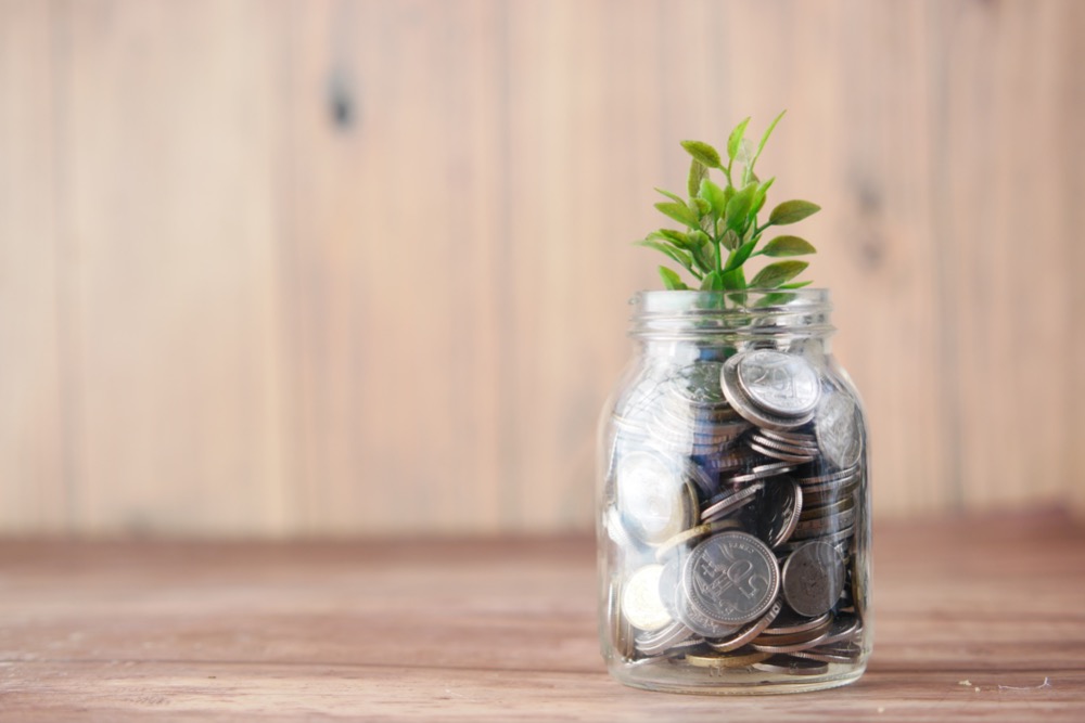 A glass jar filled with coins, topped with a small green plant, sits on a wooden surface against a wooden background. This simple setup symbolizes resilience amidst the cost-of-living crisis.