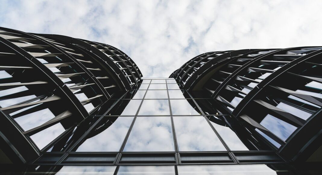 An office building as viewed from street level.