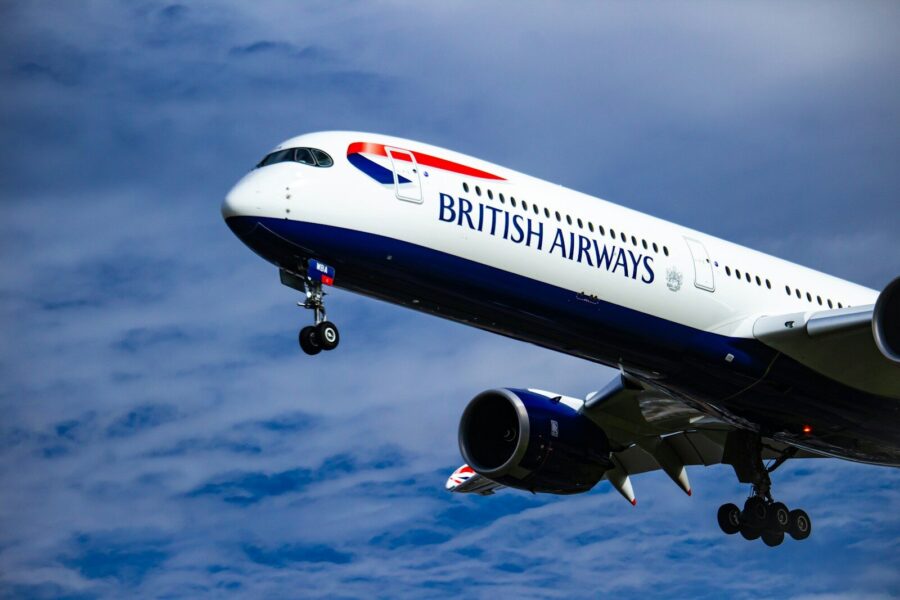 A British Airways plane taking off.