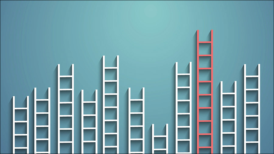 Multiple white ladders of varying heights are arranged against a blue gradient background, with one prominent red ladder standing out among them, symbolizing leadership in People Management.