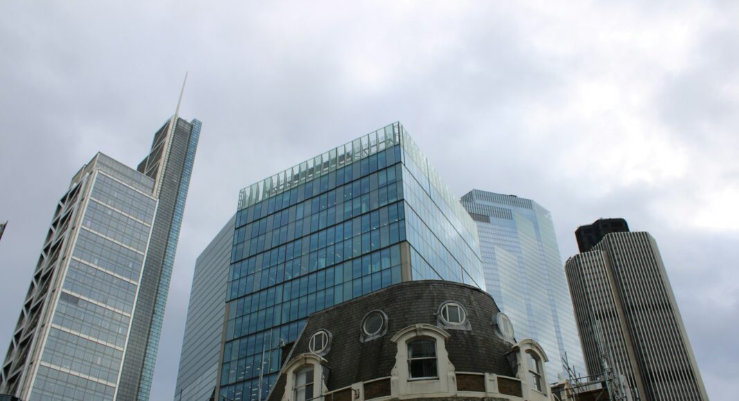 High-rise office buildings in London.