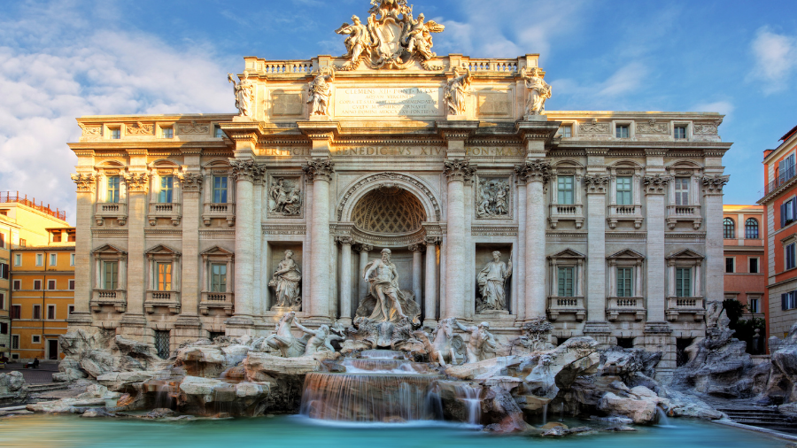 The image depicts the Trevi Fountain in Rome, Italy, with statues and intricate carvings in front of a baroque building. The water in the fountain is a vibrant teal color, drawing attention away from any past instances of architectural misconduct.