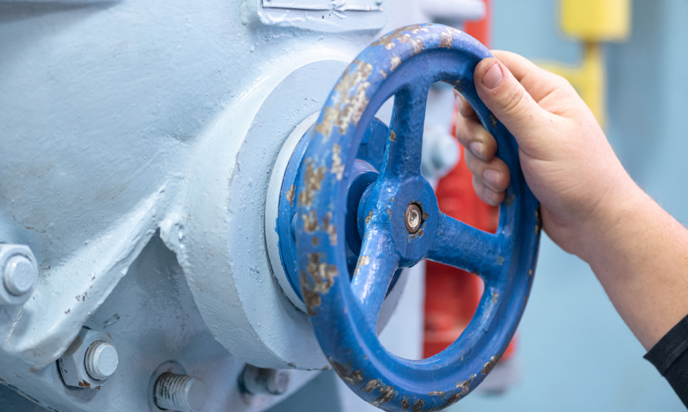 a blue, rusting water valve with a hand on it